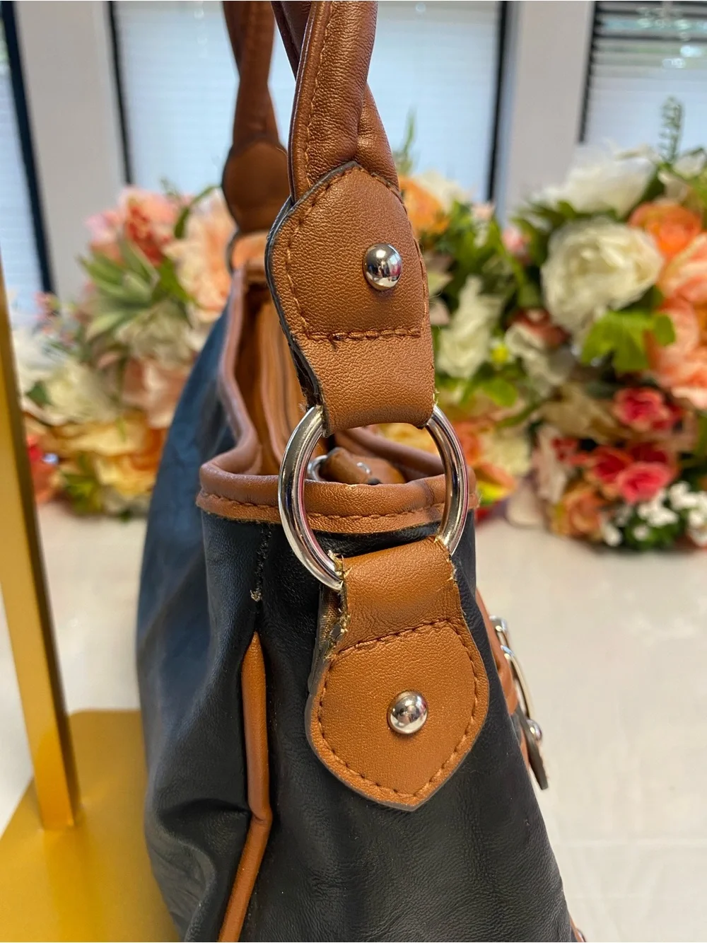 Rosetti Black Cognac Belted Hardware Hobo Satchel Shoulder Bag